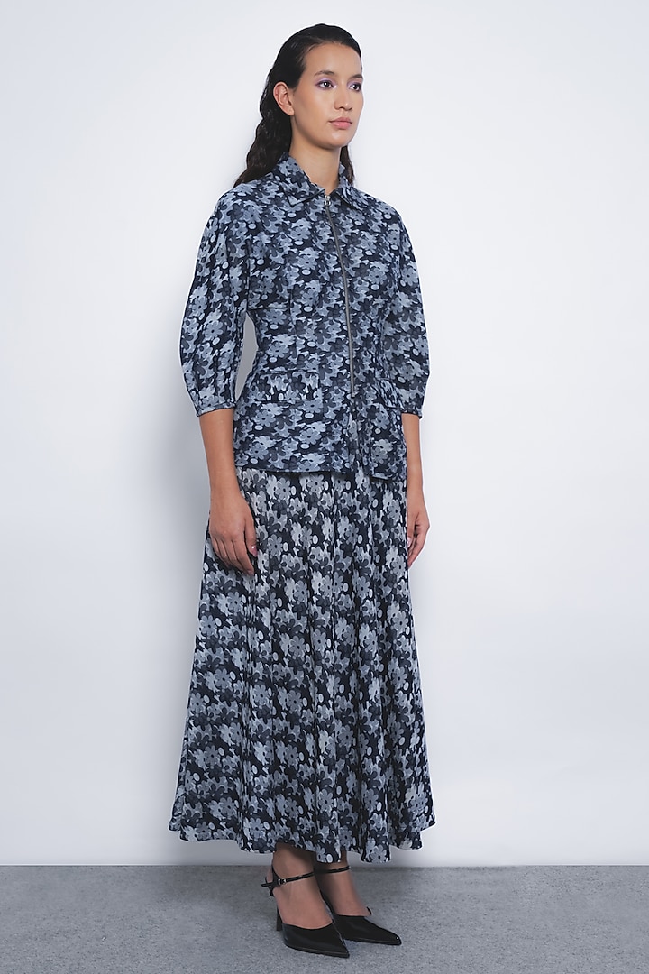 Indigo Blue Viscose & Denim Jacquard Floral Printed Top by LEH STUDIOS at Pernia's Pop Up Shop
