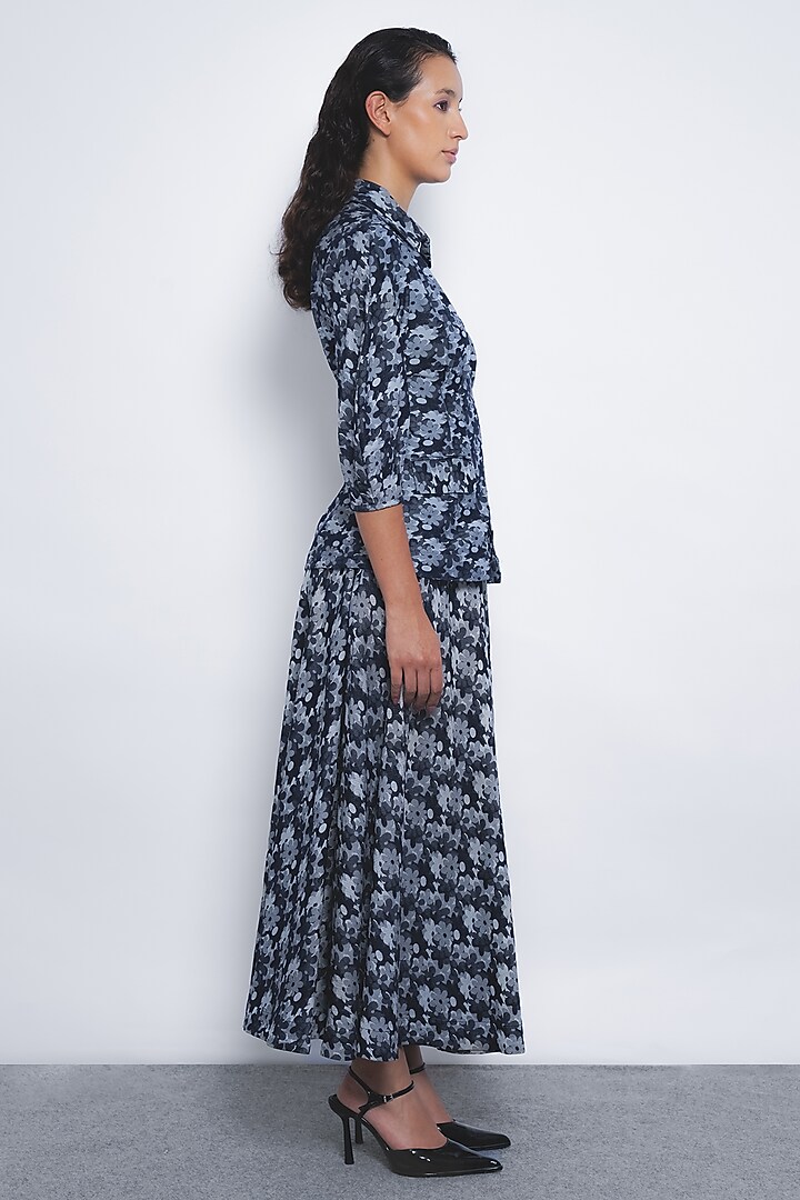 Indigo Blue Viscose & Denim Jacquard Floral Printed Top by LEH STUDIOS at Pernia's Pop Up Shop