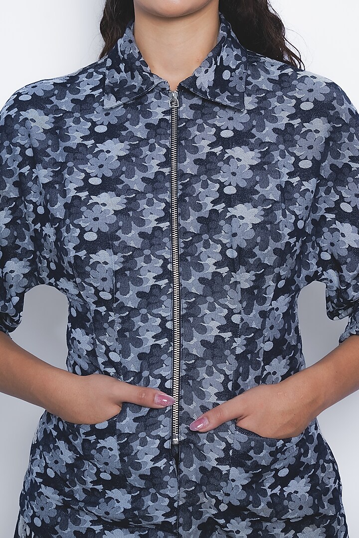 Indigo Blue Viscose & Denim Jacquard Floral Printed Top by LEH STUDIOS at Pernia's Pop Up Shop