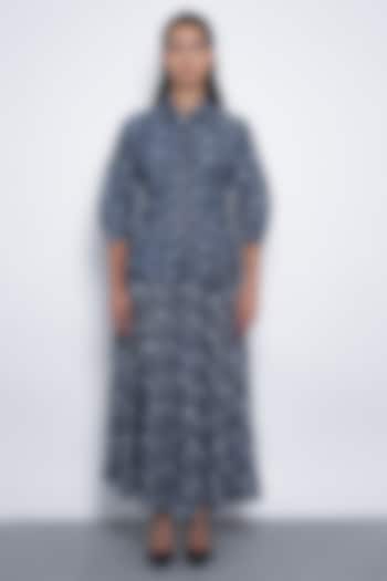 Indigo Blue Denim Jacquard Floral Printed A-Line Skirt by Leh  at Pernia's Pop Up Shop