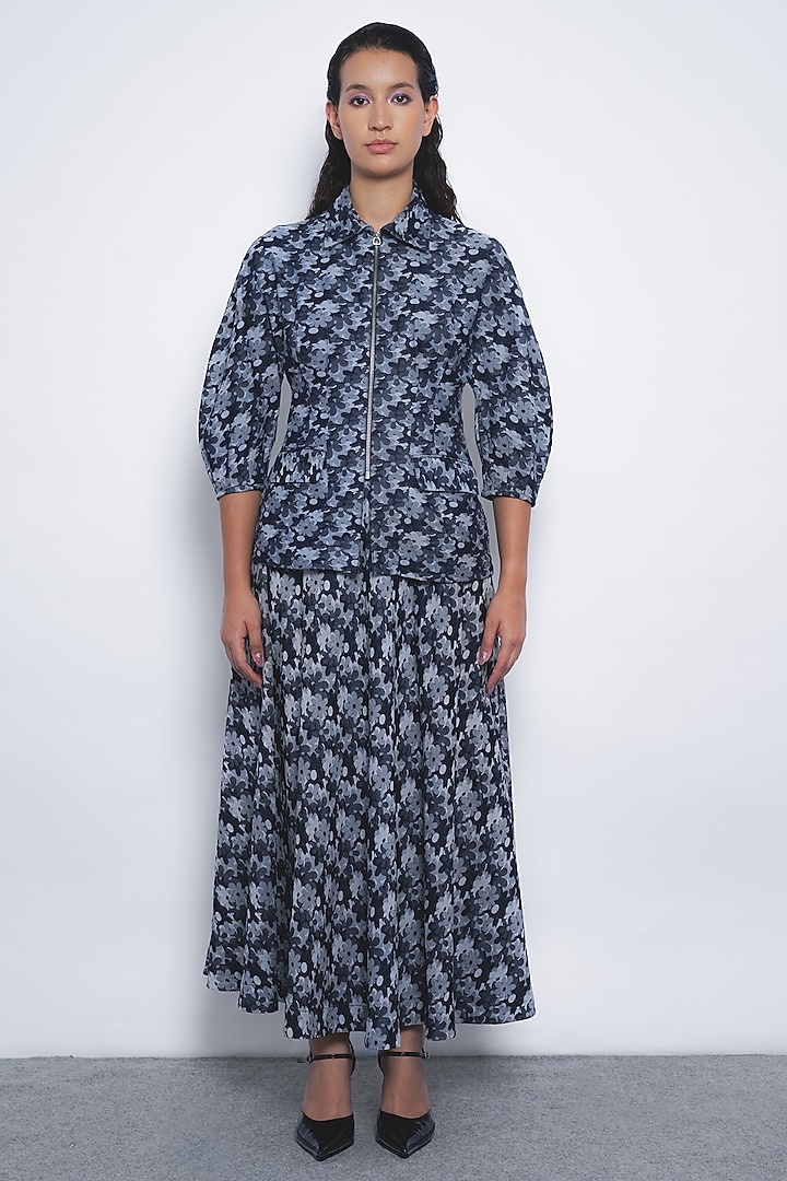 Indigo Blue Denim Jacquard Floral Printed A-Line Skirt by Leh  at Pernia's Pop Up Shop