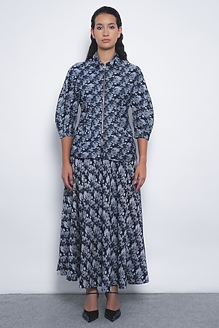 Indigo Blue Denim Jacquard Floral Printed A-Line Skirt by LEH STUDIOS