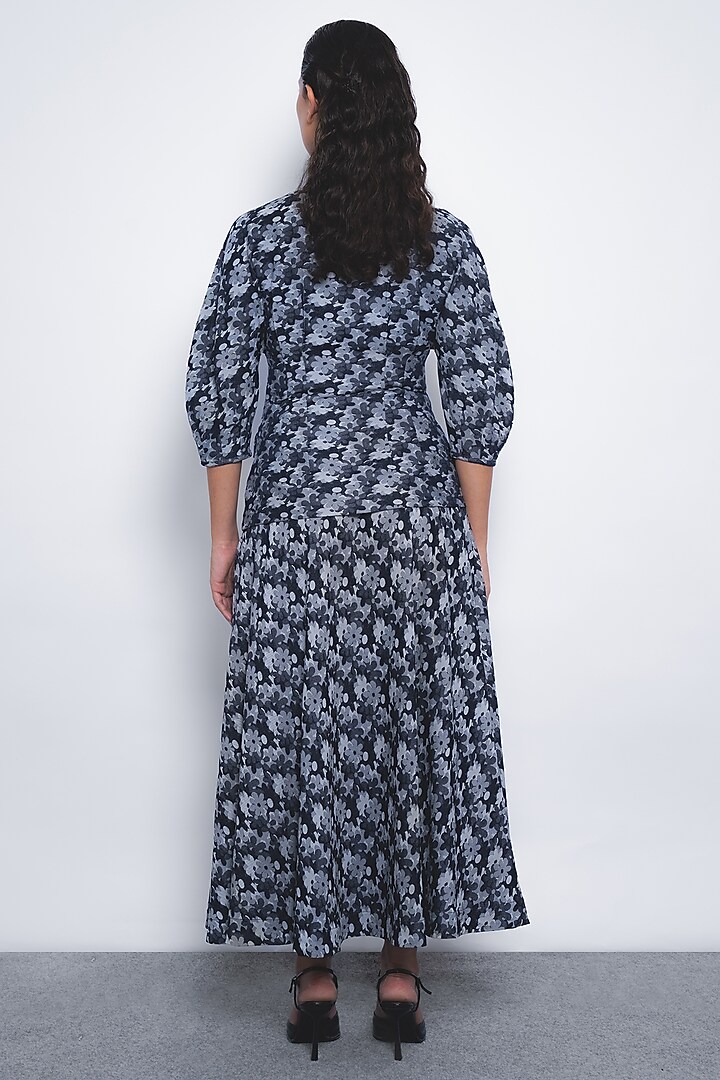Indigo Blue Denim Jacquard Floral Printed A-Line Skirt by LEH STUDIOS at Pernia's Pop Up Shop