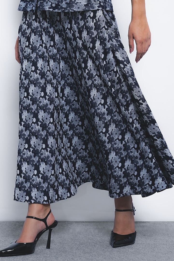 Indigo Blue Denim Jacquard Floral Printed A-Line Skirt by LEH STUDIOS at Pernia's Pop Up Shop