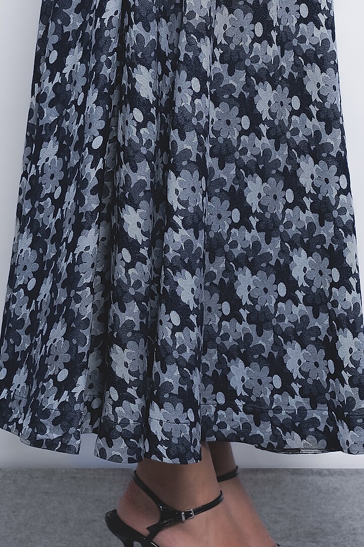 Indigo Blue Denim Jacquard Floral Printed A-Line Skirt by LEH STUDIOS at Pernia's Pop Up Shop