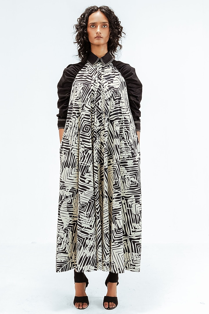 Black & Beige Cotton Florix Printed Maxi Vacation Dress by Leh at Pernia's Pop Up Shop