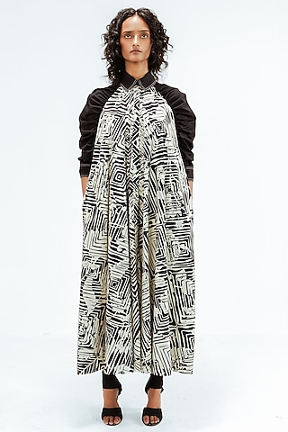 Black & Beige Cotton Florix Printed Maxi Dress by LEH STUDIOS