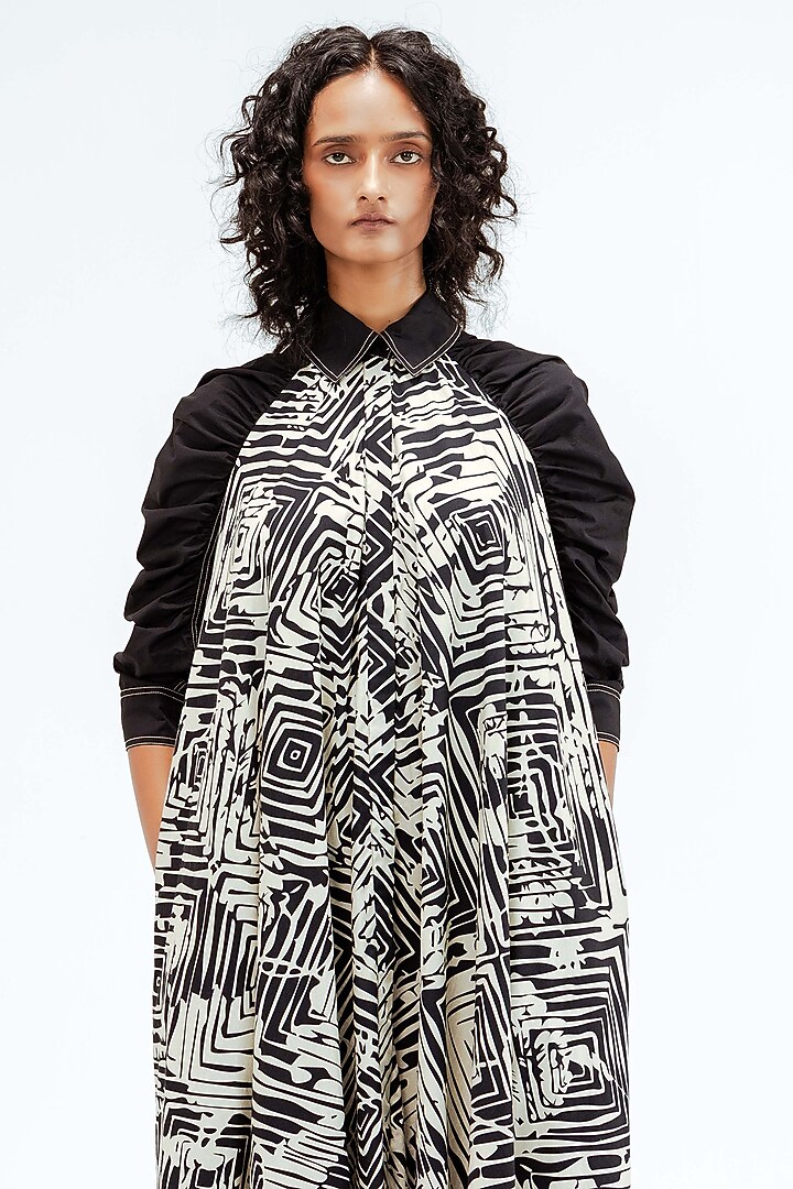 Black & Beige Cotton Florix Printed Maxi Vacation Dress by LEH STUDIOS at Pernia's Pop Up Shop
