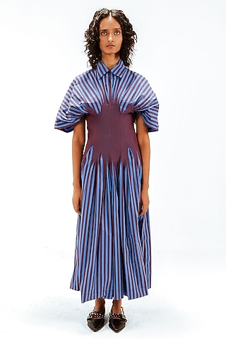 Blue & Plum Cotton Striped Corset Maxi Dress by LEH STUDIOS