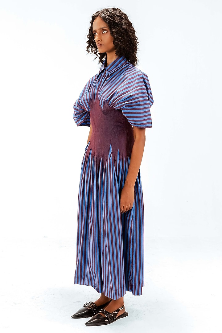 Blue & Plum Cotton Striped Corset Maxi Vacation Dress by LEH STUDIOS at Pernia's Pop Up Shop