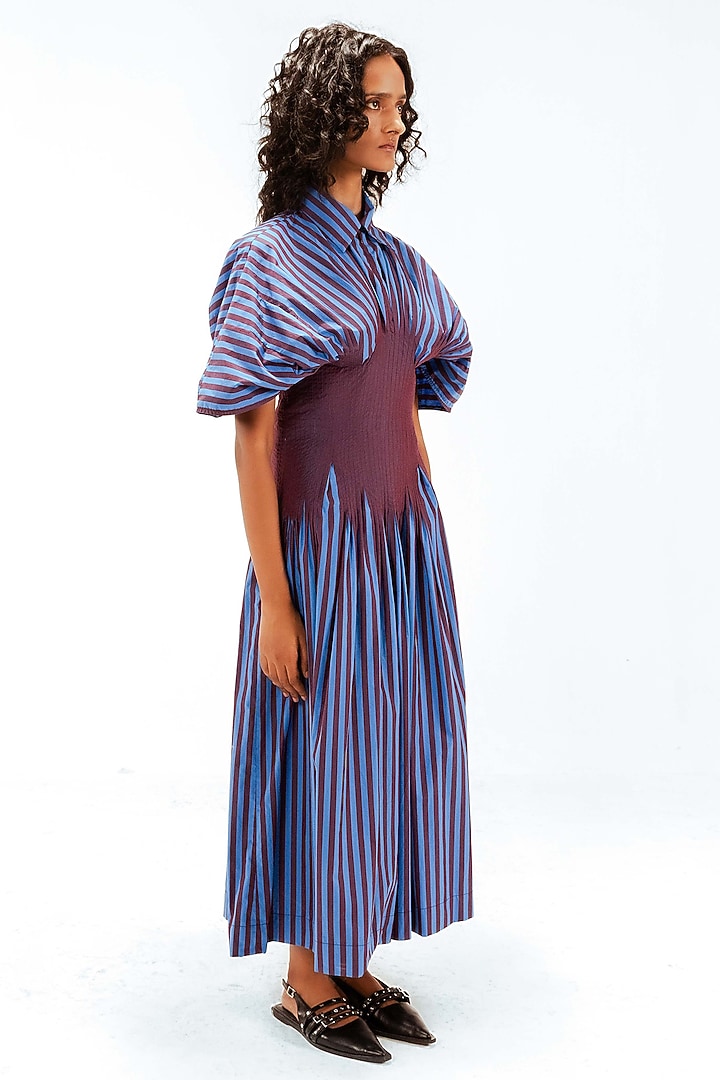 Blue & Plum Cotton Striped Corset Maxi Vacation Dress by LEH STUDIOS at Pernia's Pop Up Shop
