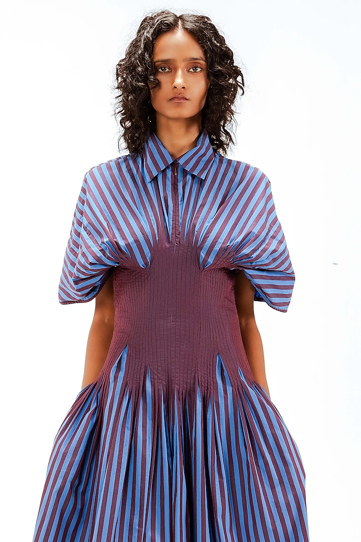Blue & Plum Cotton Striped Corset Maxi Vacation Dress by LEH STUDIOS at Pernia's Pop Up Shop