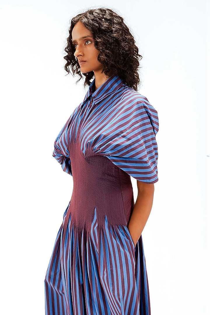 Blue & Plum Cotton Striped Corset Maxi Vacation Dress by LEH STUDIOS at Pernia's Pop Up Shop
