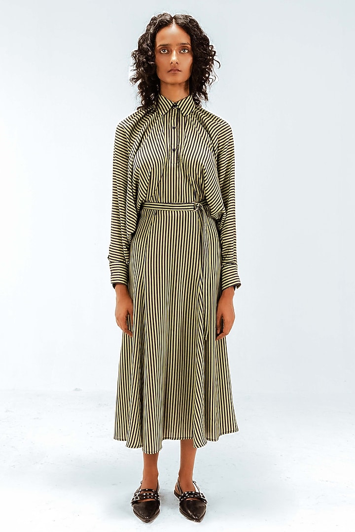 Olive Green & Navy Blue Viscose Striped Maxi Vacation Dress by Leh at Pernia's Pop Up Shop