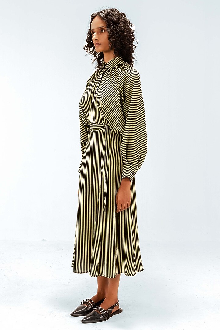 Olive Green & Navy Blue Viscose Striped Maxi Vacation Dress by LEH STUDIOS at Pernia's Pop Up Shop