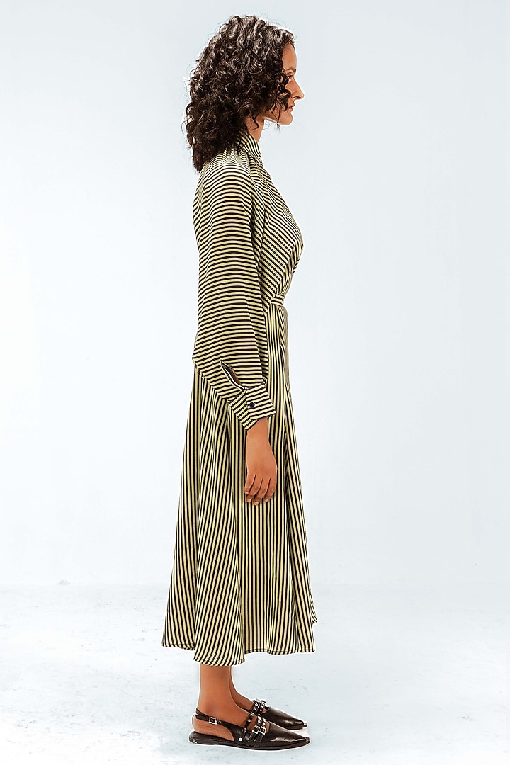 Olive Green & Navy Blue Viscose Striped Maxi Vacation Dress by LEH STUDIOS at Pernia's Pop Up Shop