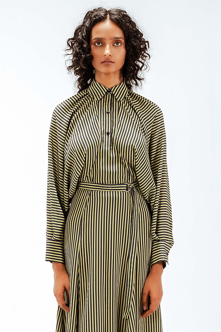 Olive Green & Navy Blue Viscose Striped Maxi Vacation Dress by LEH STUDIOS at Pernia's Pop Up Shop