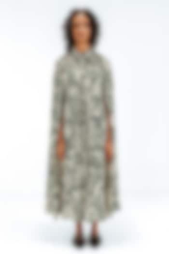 Dark Green & Beige Viscose Florix Printed Midi Cape Vacation Dress by Leh at Pernia's Pop Up Shop