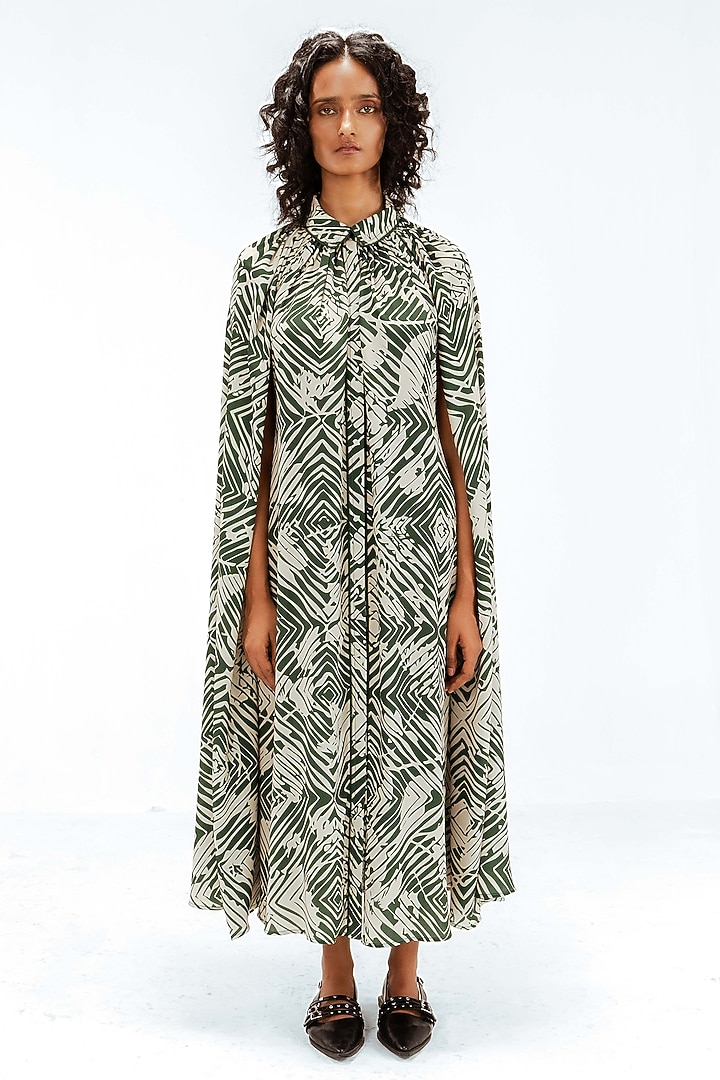 Dark Green & Beige Viscose Florix Printed Midi Cape Vacation Dress by Leh at Pernia's Pop Up Shop