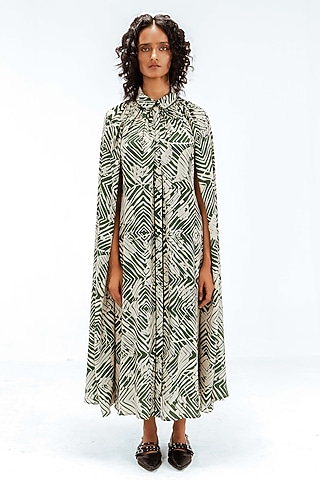 Dark Green & Beige Viscose Florix Printed Midi Cape Dress by LEH STUDIOS