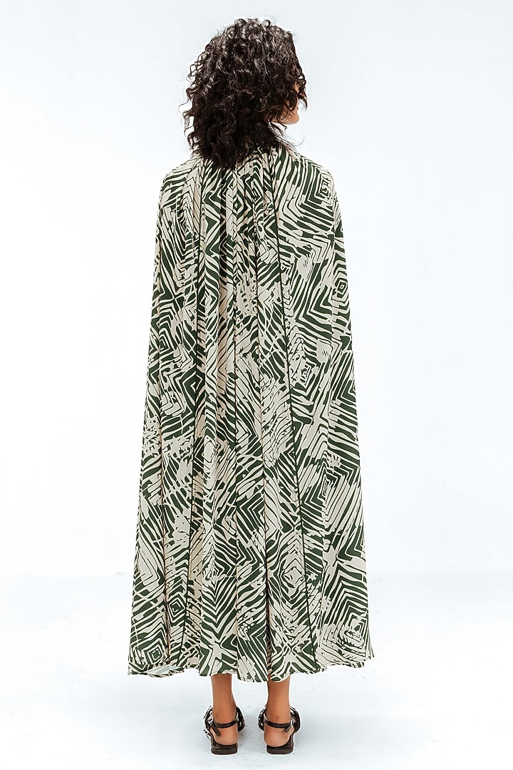 Dark Green & Beige Viscose Florix Printed Midi Cape Vacation Dress by LEH STUDIOS at Pernia's Pop Up Shop