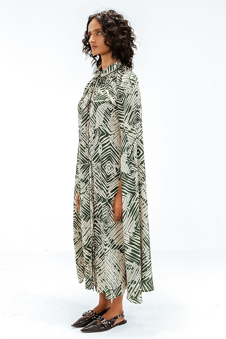 Dark Green & Beige Viscose Florix Printed Midi Cape Vacation Dress by LEH STUDIOS at Pernia's Pop Up Shop