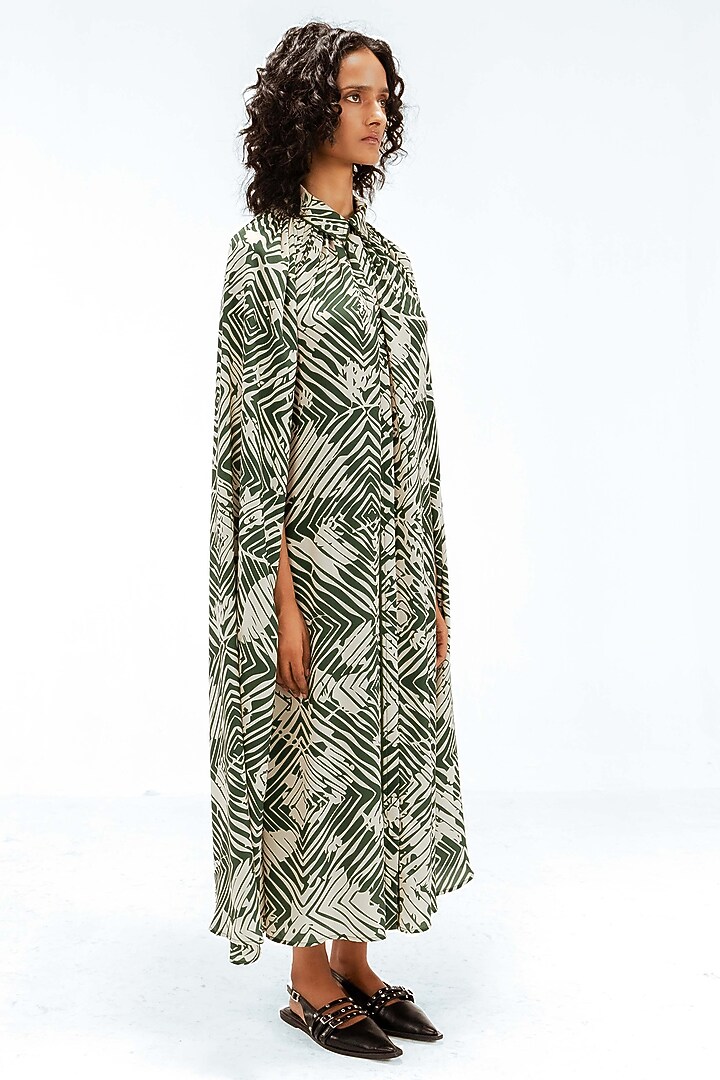 Dark Green & Beige Viscose Florix Printed Midi Cape Vacation Dress by LEH STUDIOS at Pernia's Pop Up Shop