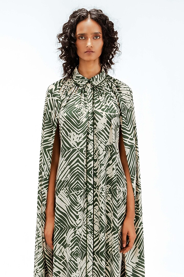 Dark Green & Beige Viscose Florix Printed Midi Cape Vacation Dress by LEH STUDIOS at Pernia's Pop Up Shop