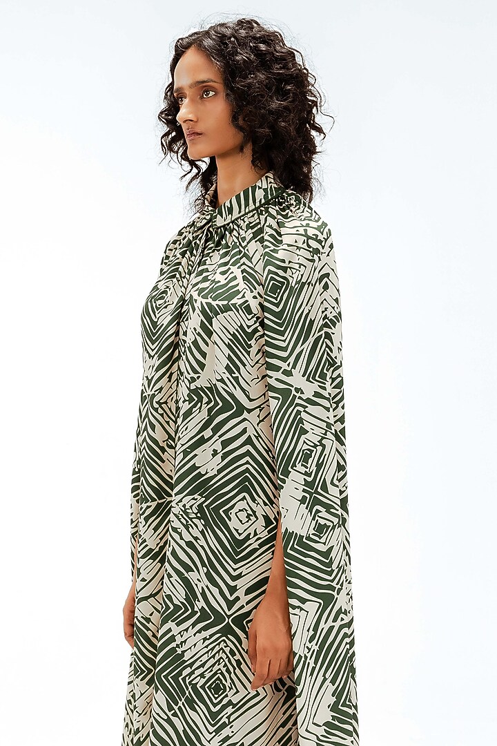 Dark Green & Beige Viscose Florix Printed Midi Cape Vacation Dress by LEH STUDIOS at Pernia's Pop Up Shop