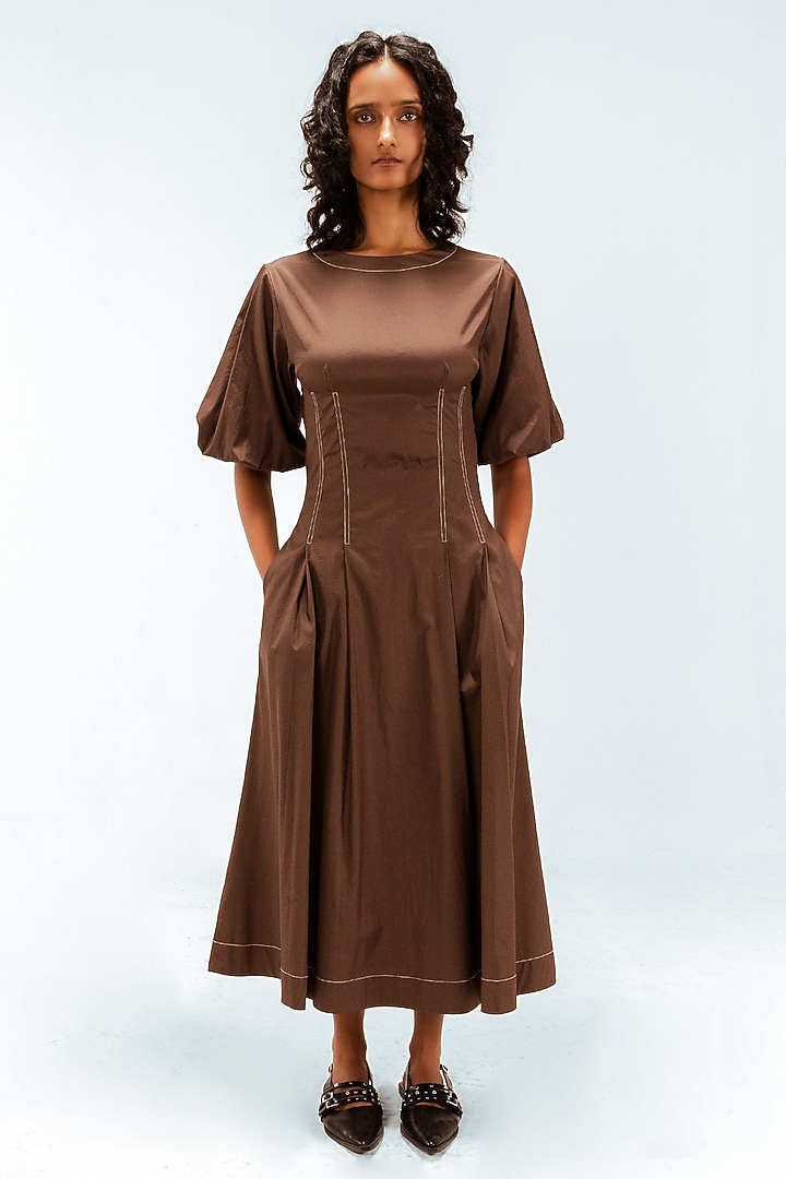 Brown Cotton Midi Vacation Dress by LEH STUDIOS at Pernia's Pop Up Shop