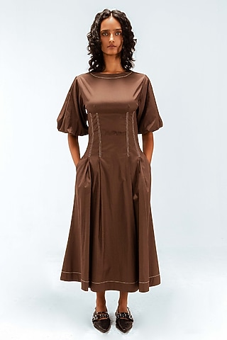 Brown Cotton Midi Dress by LEH STUDIOS