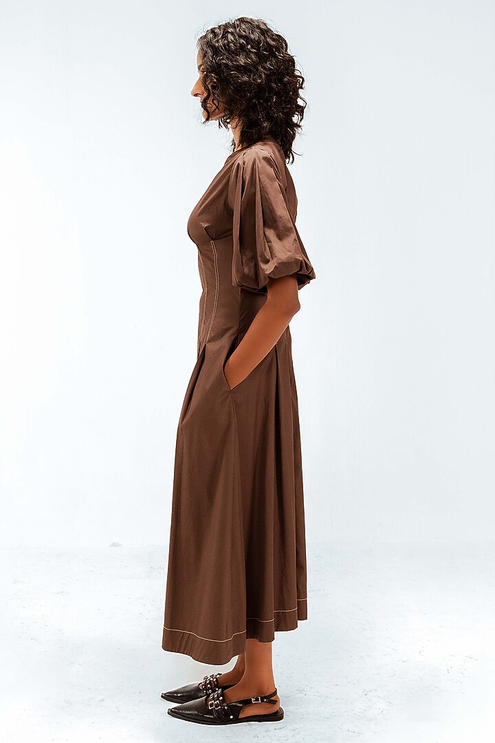 Brown Cotton Midi Vacation Dress by LEH STUDIOS at Pernia's Pop Up Shop