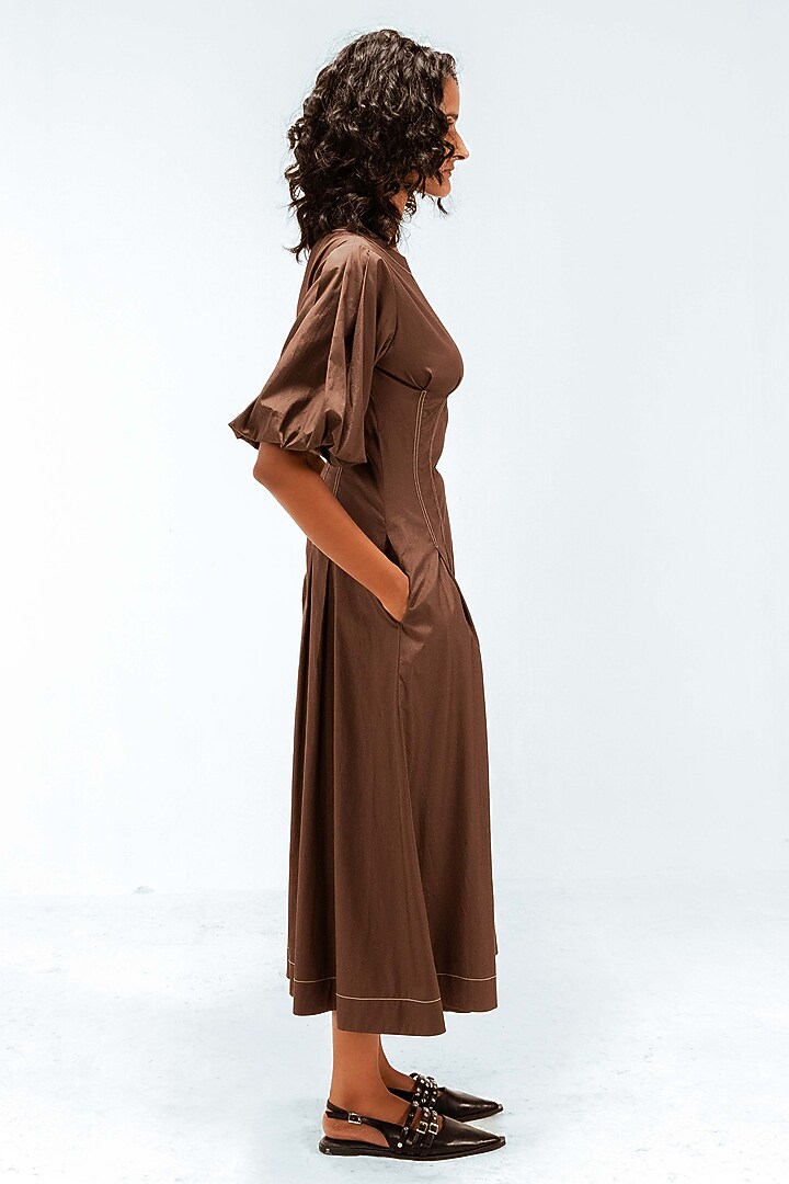 Brown Cotton Midi Vacation Dress by LEH STUDIOS at Pernia's Pop Up Shop