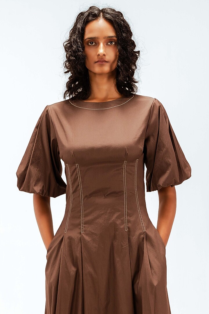 Brown Cotton Midi Vacation Dress by LEH STUDIOS at Pernia's Pop Up Shop