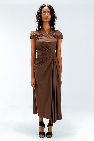 Brown Cotton Draped Midi Dress by LEH STUDIOS