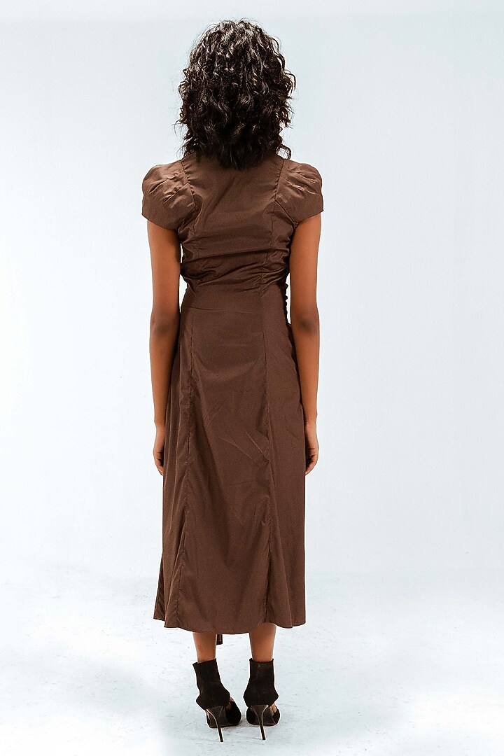 Brown Cotton Draped Midi Vacation Dress by LEH STUDIOS at Pernia's Pop Up Shop