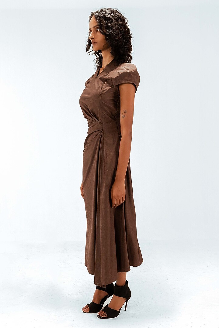 Brown Cotton Draped Midi Vacation Dress by LEH STUDIOS at Pernia's Pop Up Shop