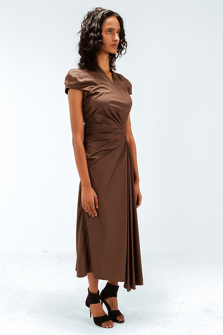 Brown Cotton Draped Midi Vacation Dress by LEH STUDIOS at Pernia's Pop Up Shop