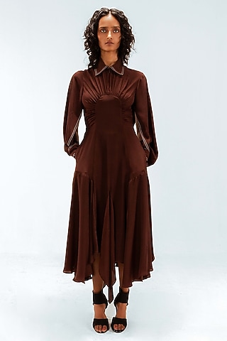 Dark Brown Viscose Handkerchief Midi Dress by LEH STUDIOS