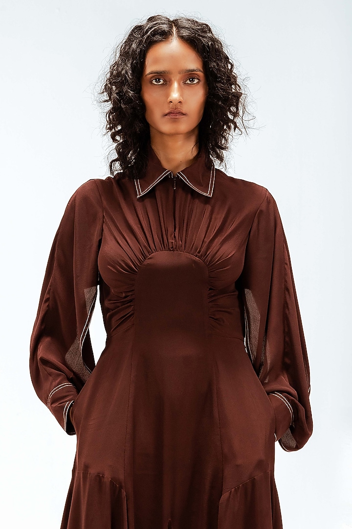 Dark Brown Viscose Handkerchief Midi Vacation Dress by LEH STUDIOS at Pernia's Pop Up Shop