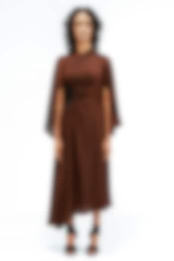 Light Brown Viscose Draped Midi Vacation Dress by LEH STUDIOS at Pernia's Pop Up Shop