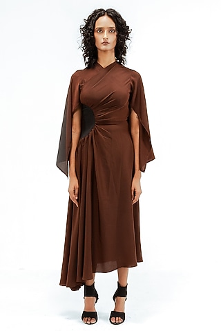 Light Brown Viscose Draped Midi Dress by LEH STUDIOS