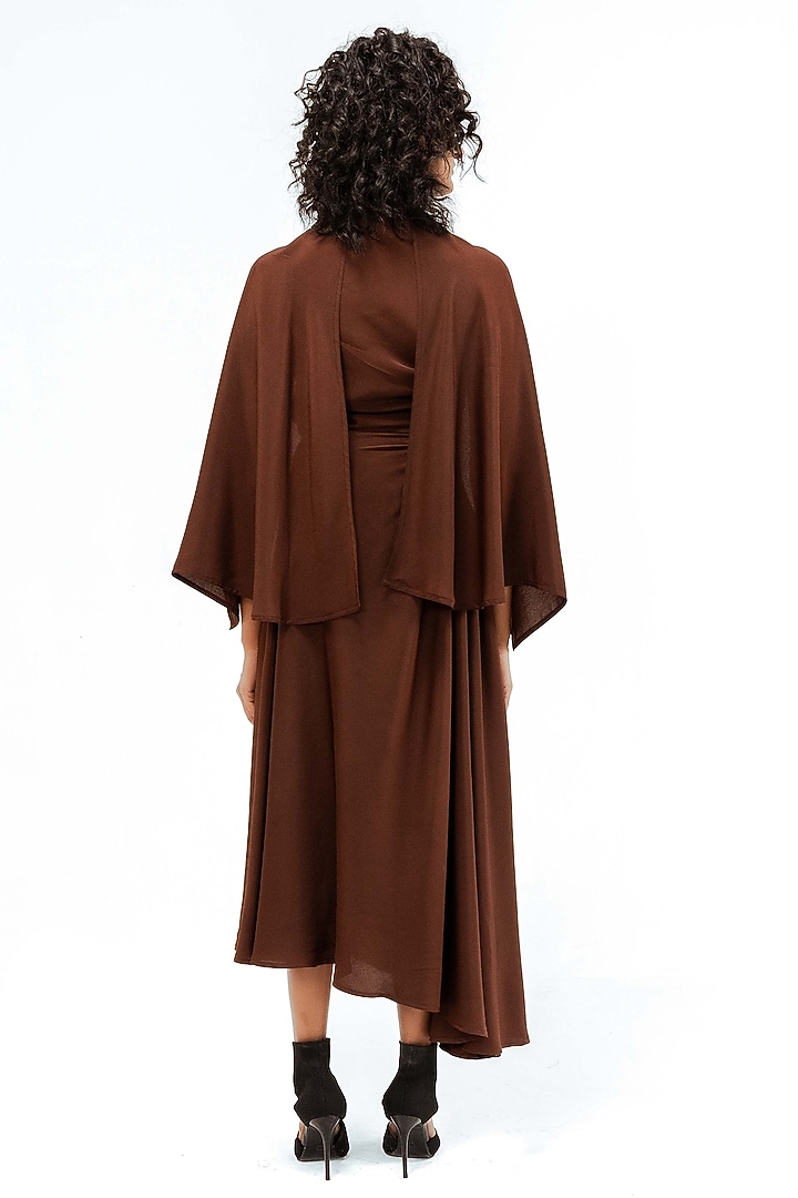 Light Brown Viscose Draped Midi Vacation Dress by LEH STUDIOS at Pernia's Pop Up Shop