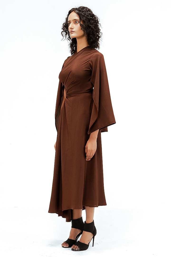 Light Brown Viscose Draped Midi Vacation Dress by LEH STUDIOS at Pernia's Pop Up Shop