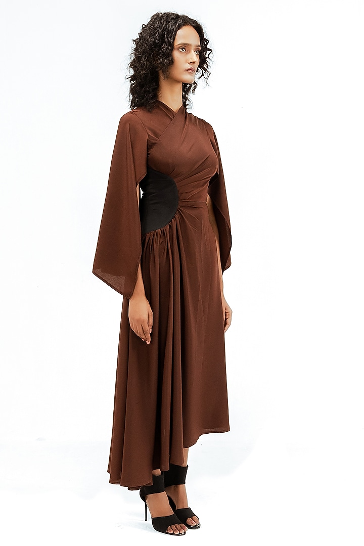 Light Brown Viscose Draped Midi Vacation Dress by LEH STUDIOS at Pernia's Pop Up Shop