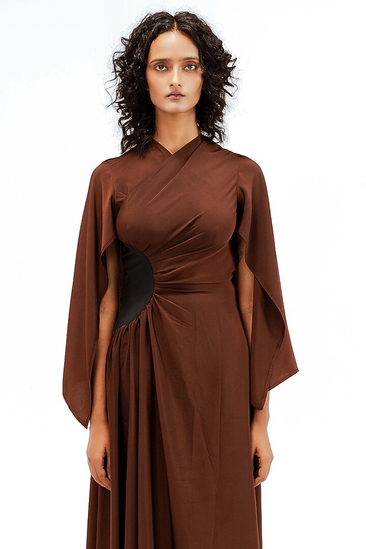Light Brown Viscose Draped Midi Vacation Dress by LEH STUDIOS at Pernia's Pop Up Shop