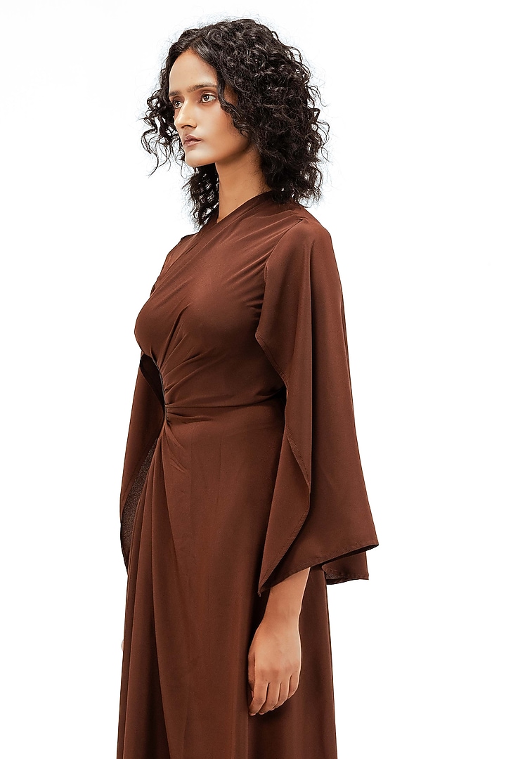 Light Brown Viscose Draped Midi Vacation Dress by LEH STUDIOS at Pernia's Pop Up Shop