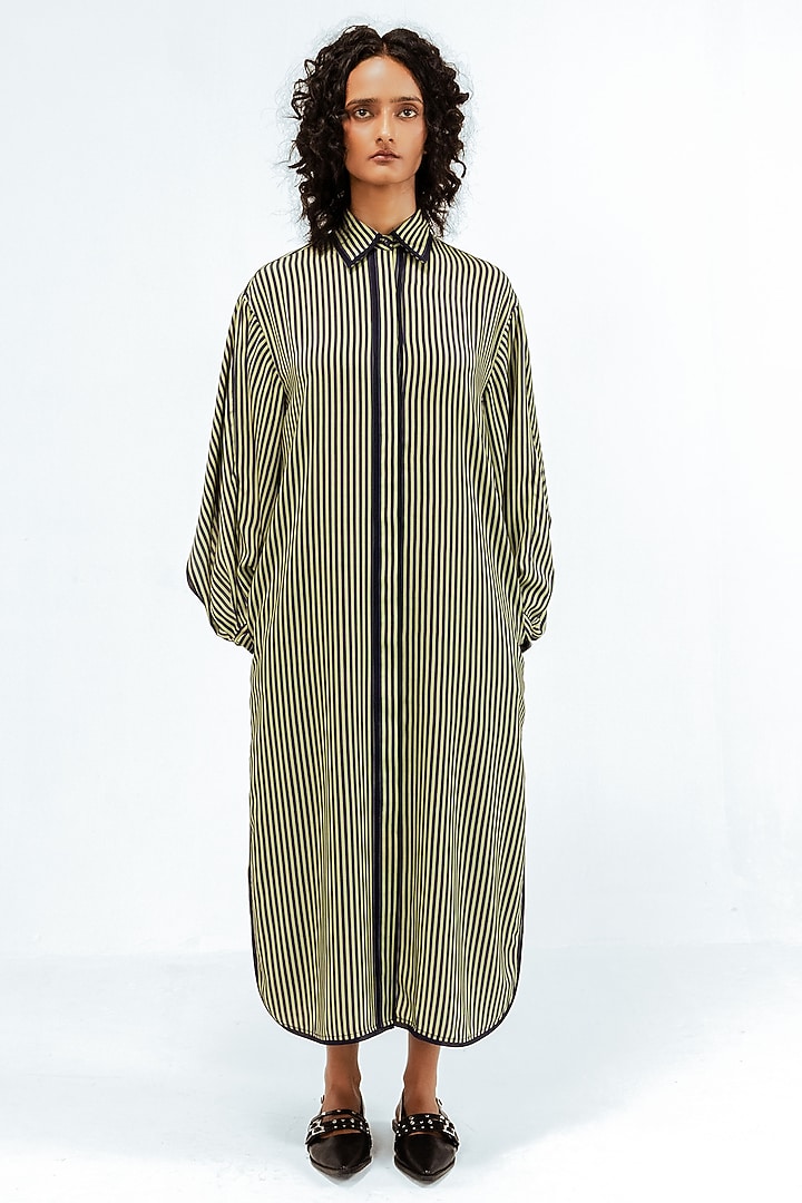 Olive Green & Navy Blue Viscose Striped Maxi Vacation Dress by Leh at Pernia's Pop Up Shop