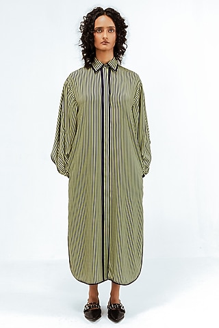 Olive Green & Navy Blue Viscose Striped Maxi Dress by LEH STUDIOS