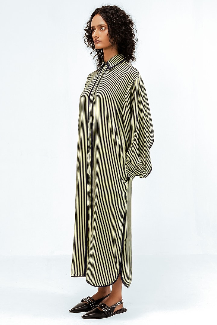 Olive Green & Navy Blue Viscose Striped Maxi Vacation Dress by LEH STUDIOS at Pernia's Pop Up Shop
